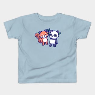 Cute Panda And Red Panda Hanging On Bamboo Cartoon Kids T-Shirt